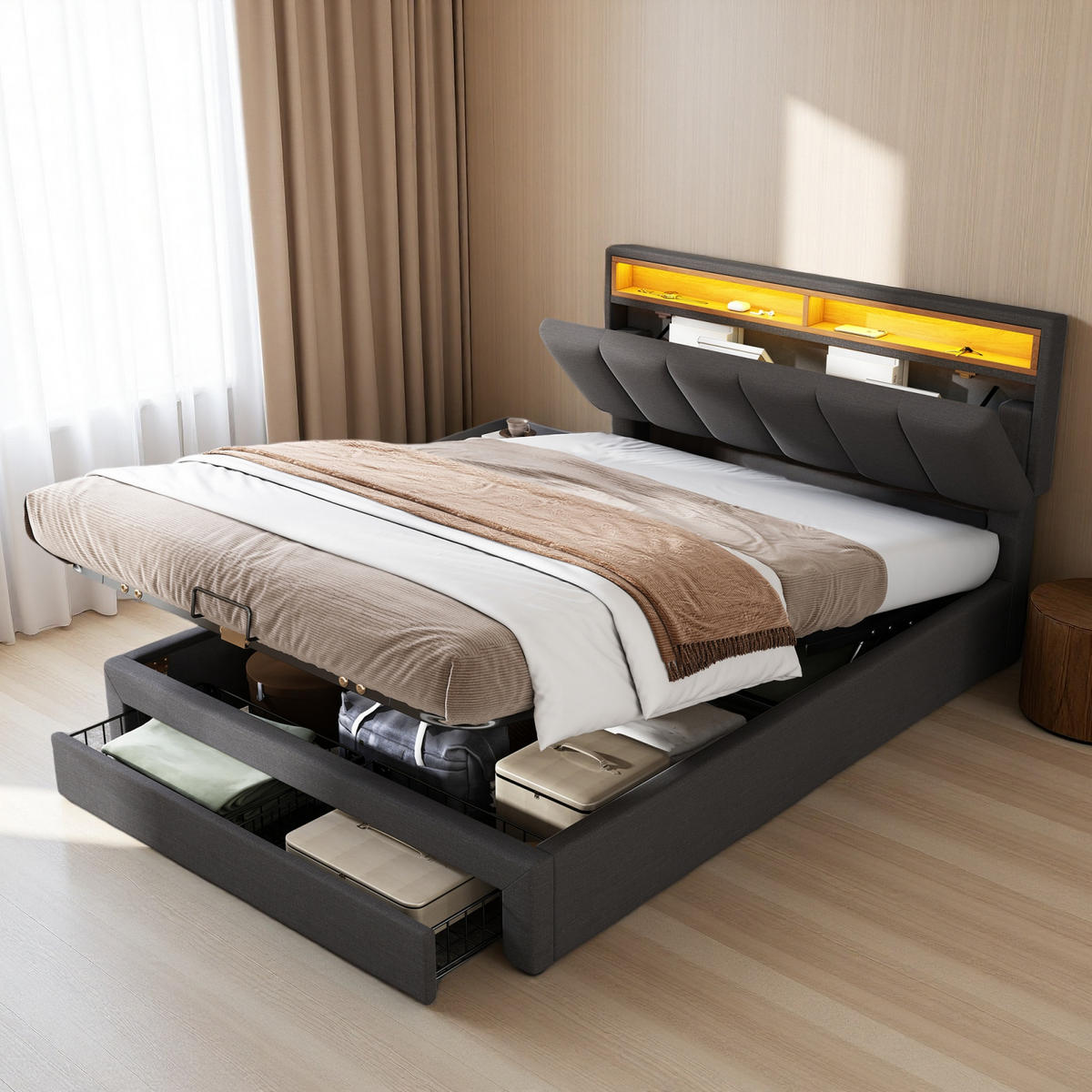 POLSTERBETT 140x190 cm Grau Leinen LED USB Bettkasten - Grau, Holz (140/190cm) - SHOPENTRA