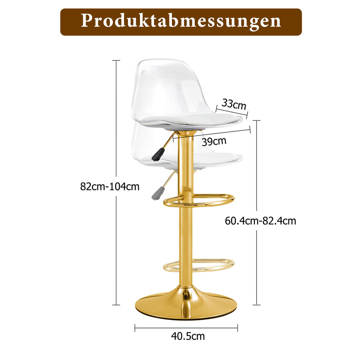 BARHOCKER 2er-Set Gold und Transparent Höhenverstellbar 360° Drehbar mit Rückenlehne und Fußstütze - Goldfarben, Metall (33/82/40.5cm) - PANGIVO