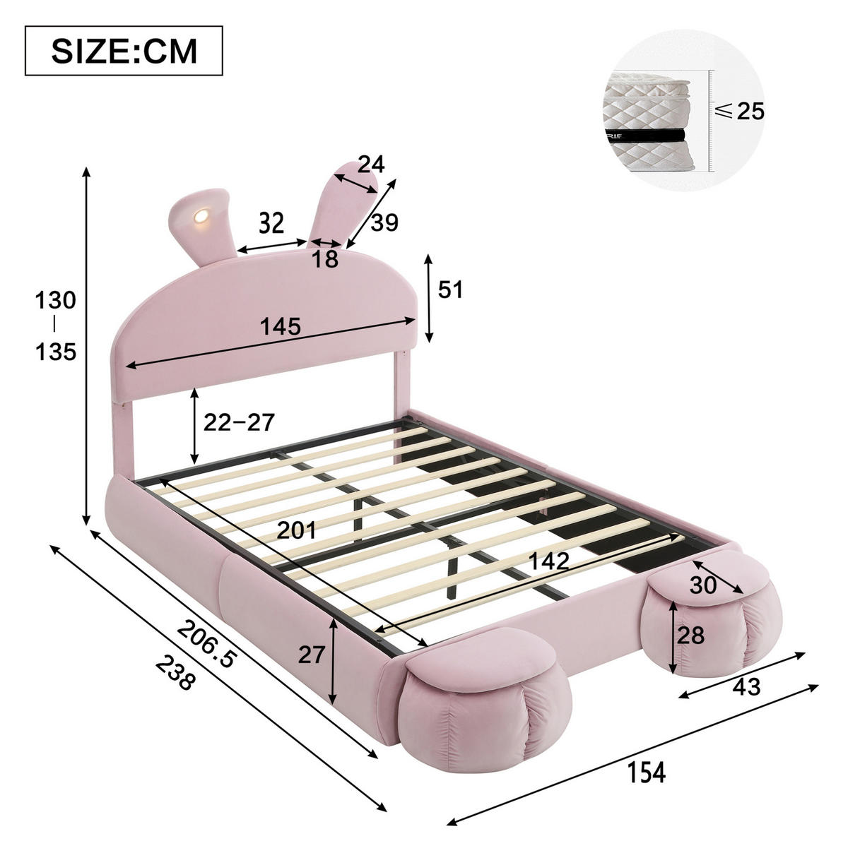 KINDERBETT aus Samt 140x200 cm in Rosa mit LED-Licht & hydraulischem Stauraum - Rosa, Textil (140/200cm) - Modfu