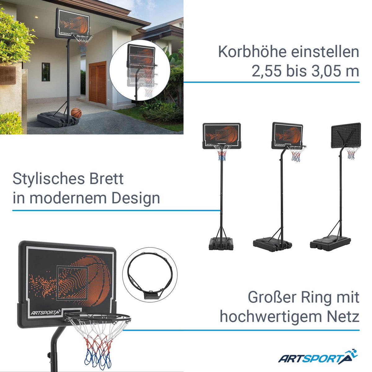 BASKETBALLKORB In- & Outdoor höhenverstellbar - Schwarz, Metall (60/90cm) - Artsport
