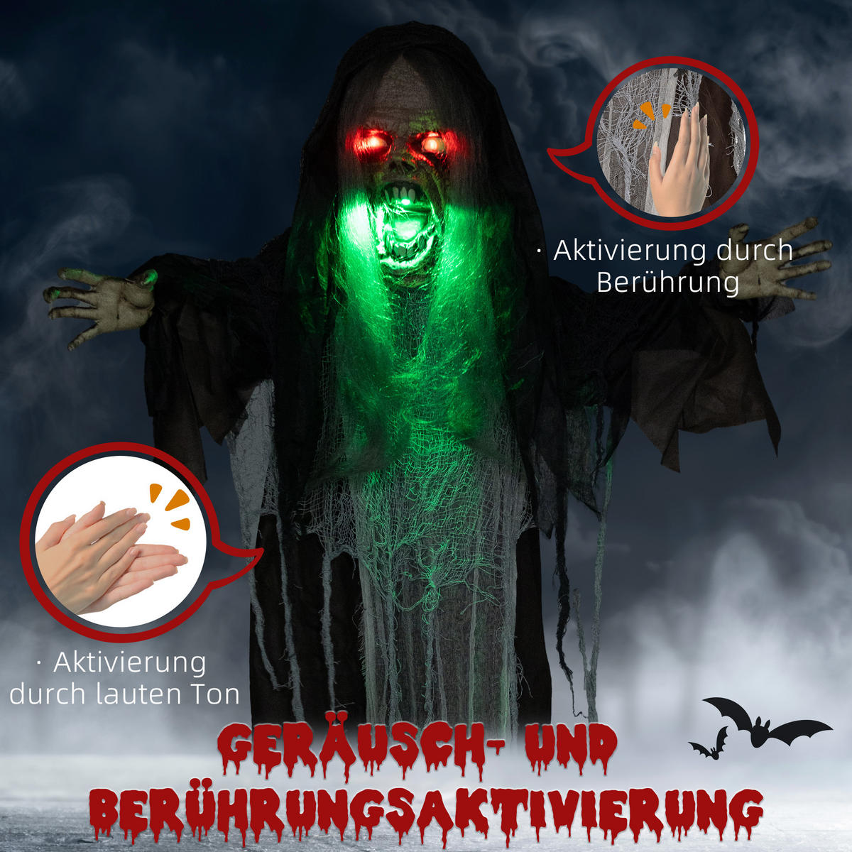 HALLOWEEN DECORATIONS 183cm Hängendes Monster mit grün LED-Lichter, Soundfunktion - Schwarz, Kunststoff/Metall (70/183/18cm) - HOMCOM