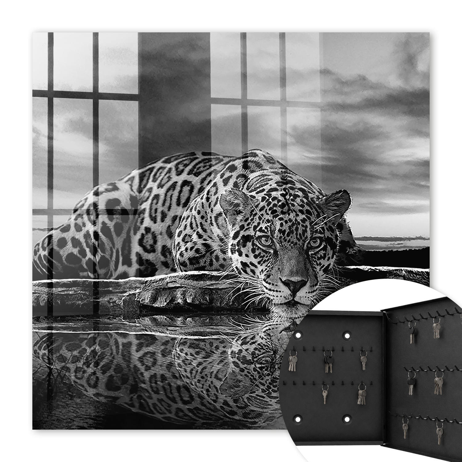 SCHLÜSSELBOX Schwarz 30x30 cm- Türöffnung nach rechts - Jaguare im Wasser - Multicolor, Metall (30/30/5cm) - TULUP