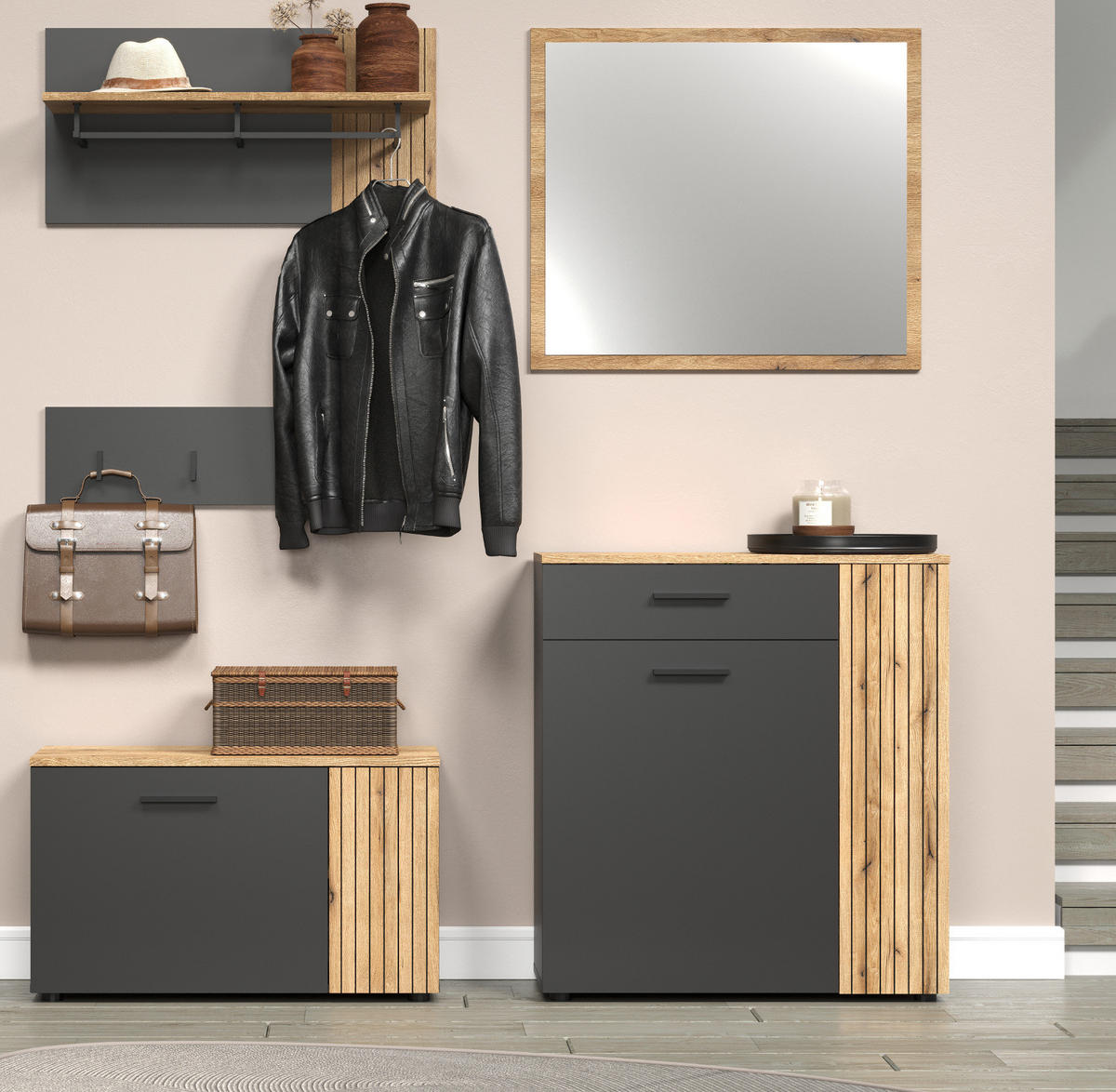 GARDEROBENPANEEL grau, Evoke Eiche 80 x 40 cm, Wandgarderobe mit Kleiderstange - Anthrazit/Grau, Holzwerkstoff (80/40/28cm) - Top.Furn