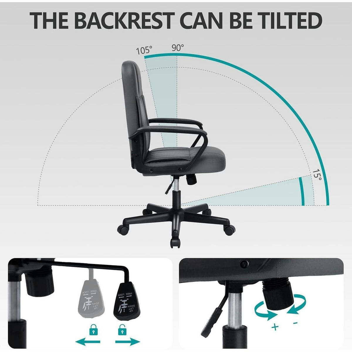 BÜROSTUHL PU-Leder Grau Höhenverstellbar - Grau, Kunststoff (45.5/103.5/49cm)