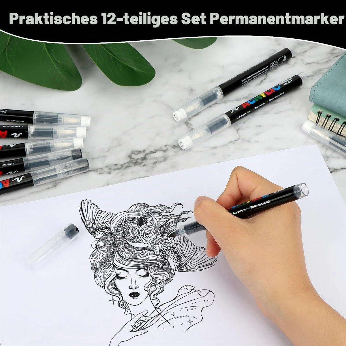 ACRYLSTIFTE 12-teiliges Set Weiß Schwarz - Multicolor, Kunststoff (1/1/13.8cm)