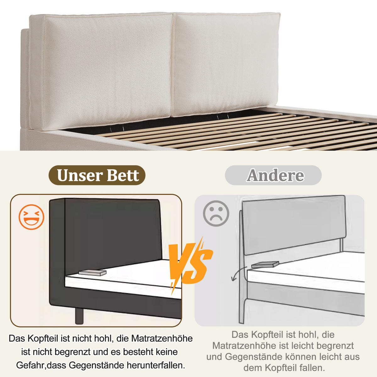 POLSTERBETT 180/200 cm aus Bouclé mit Stauraum und Lattenrost Beige - Beige, Textil (180/200cm) - Modenvie