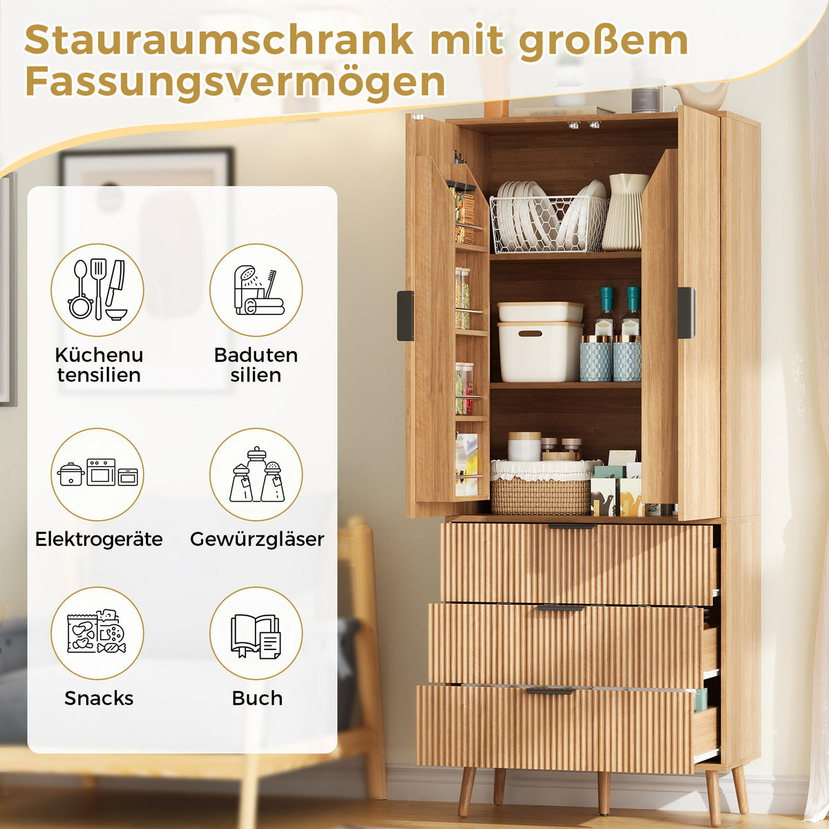 HIGHBOARD DE-38756 75/35/180 cm 2 Türen und 3 Schubladen Natur - Naturfarben, Holzwerkstoff (75/180/35cm) - ComfortXL