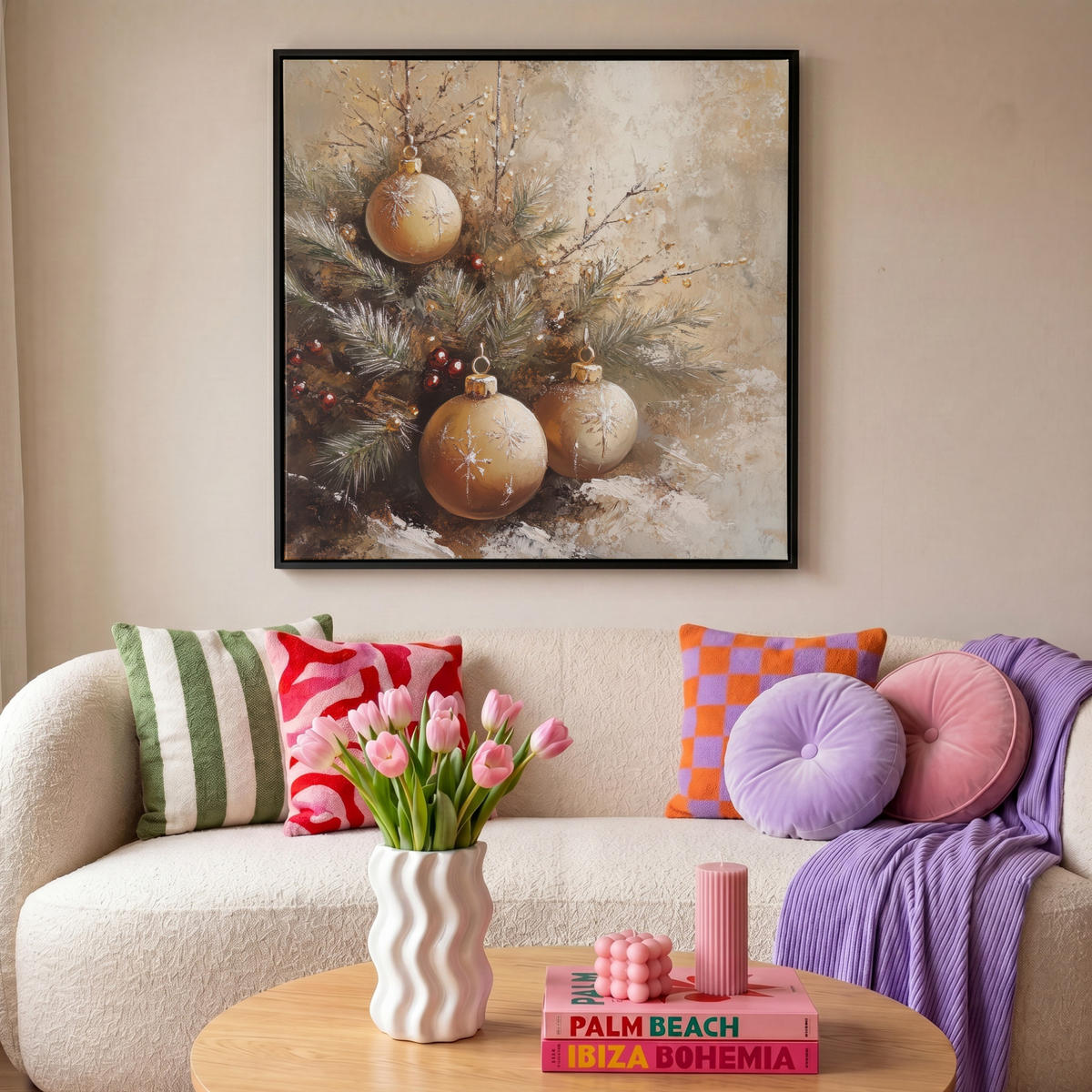 LEINWAND Bilder mit Rahmen - Weihnachten - Kugeln - Beige - Gold - 90x90 - Goldfarben, Textil (90/90cm) - MuchoWow