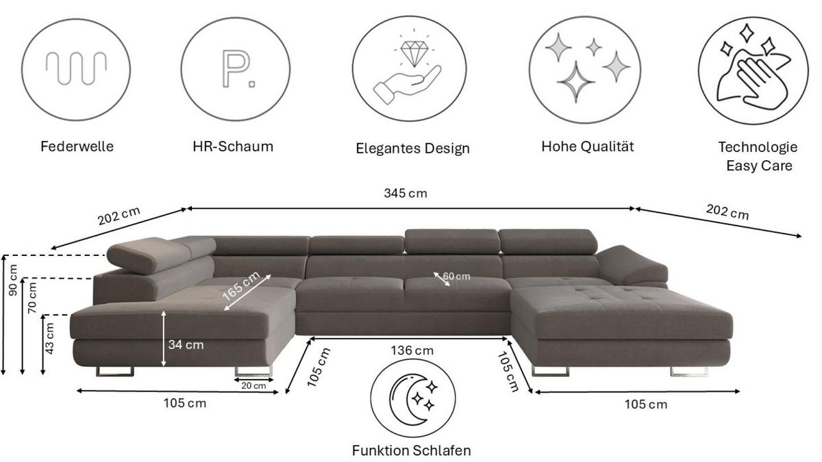 ECKSOFA Falio II U-förmiges Mit Schlaffunktion Und Verstellbaren Kopfstützen Graphit Links - Graphitfarben, Holz/Textil (202/345cm) - Kaiser Möbel