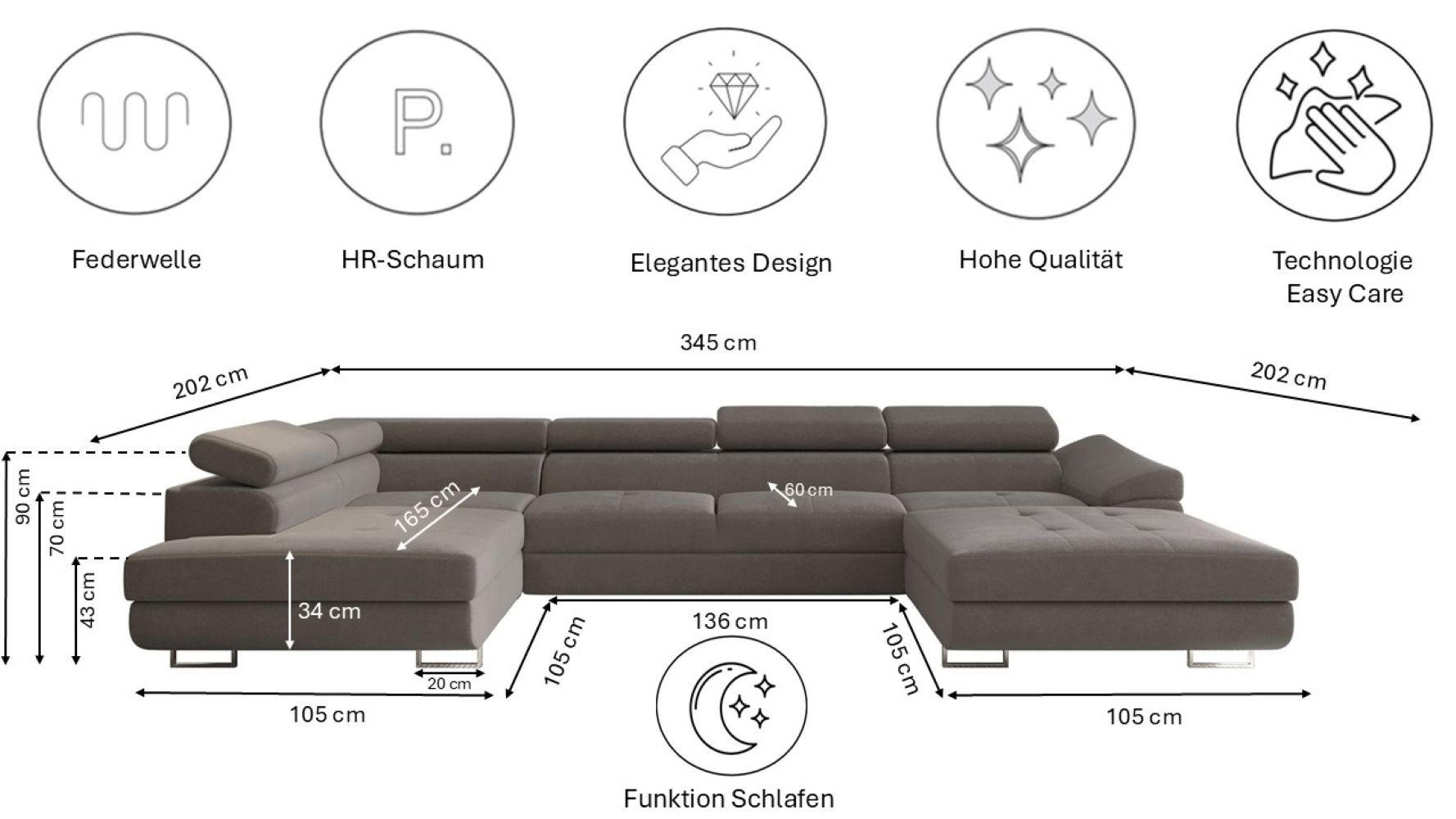 Thumbnail - Kaiser Möbel Ecksofa, Grau, Textil, einzeln stellbar, U-Form,L-Form, 345x202 cm, Wohnzimmer, Sofas & Couches, Wohnlandsc...