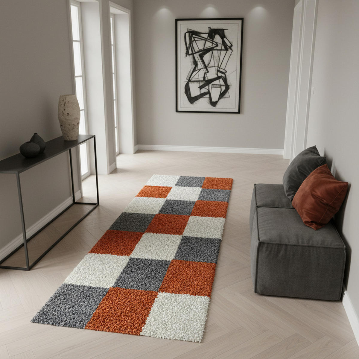 TEPPICH Hochflor Karo Polypropylen Wohnzimmer Shaggy Terrakotta Läufer 80x250 - Orange, Textil (80/250cm) - KADIMA DESIGN