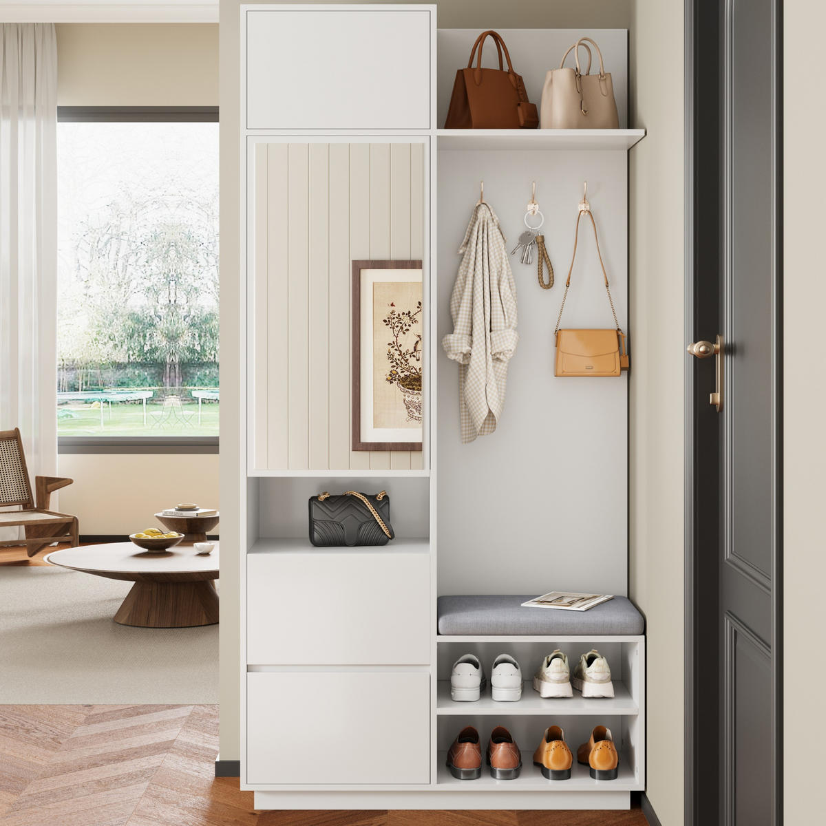 GARDEROBE Spiegel Sitzbank Schuhschrank - Weiß, Holz (90/190/34.5cm) - Fortuna Lai