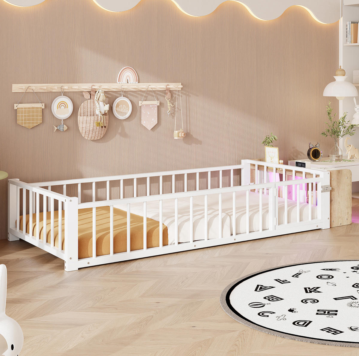 DETSKÁ posteľ 90/200 cm biela s ochranným zábradlím úložným priestorom a LED osvetlením z kovu a MDF - biela, kompozitné drevo (90/200cm) - OKWISH