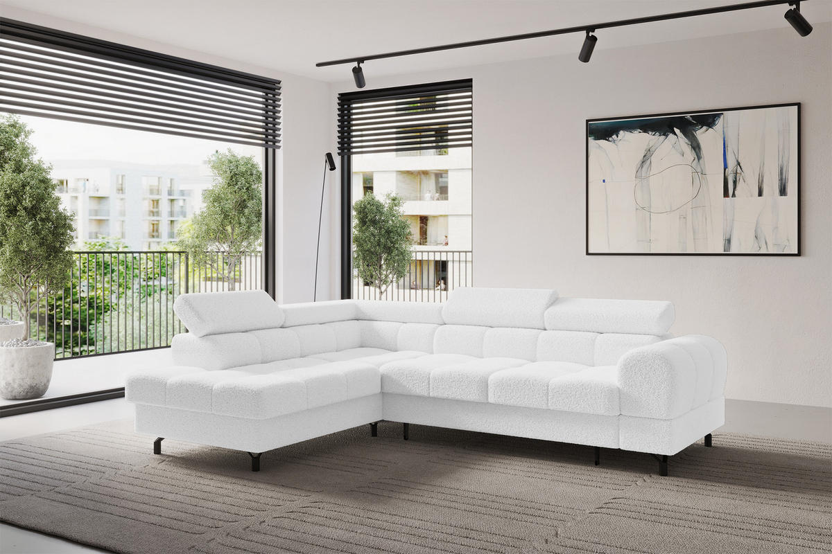 ECKSOFA mit Schlaffunktion Ottomane Links LUMA-L 272x203x70 Weiß Bouclé - Schwarz/Weiß, Holzwerkstoff/Kunststoff (272/203cm) - ALTDECOR