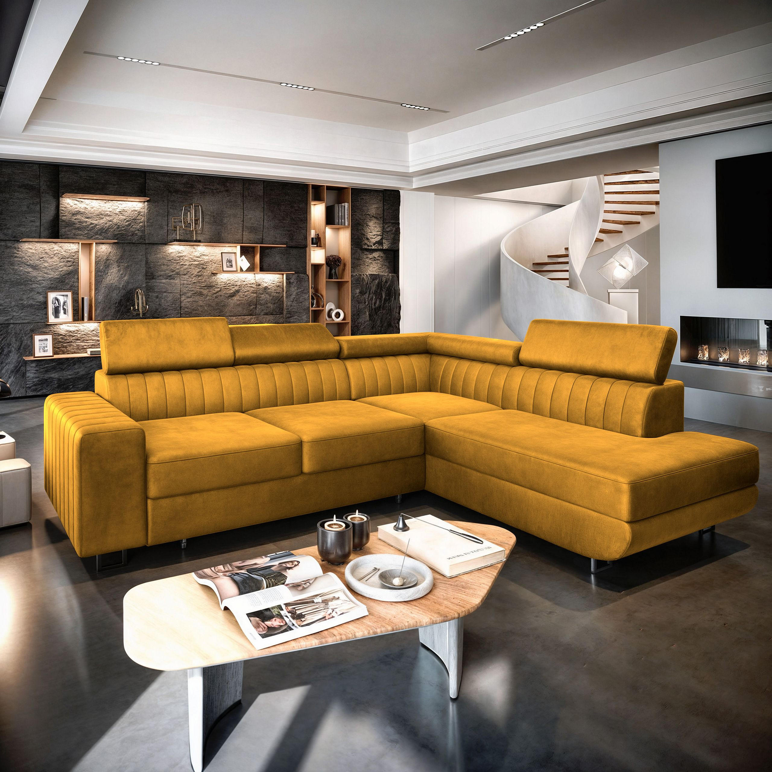 ECKSOFA NOLA R-S Gelb Velours-Stoff mit Schlaffunktion - Gelb, Holz (253/190cm) - MASSENO