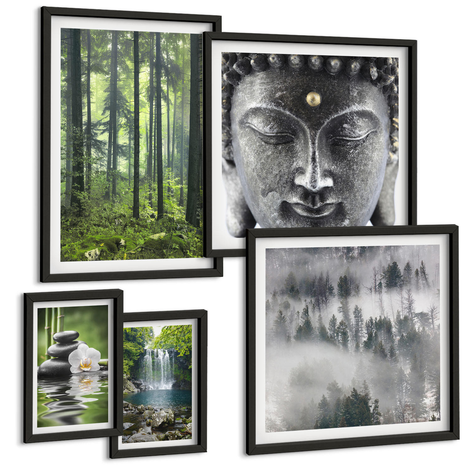 BILDER SET 5er Set - 50x50 cm & 20x30 cm & 40x60 cm Schwarzer Rahmen - Harmonie der Natur, Steine, Wasser, Buddha - Schwarz, Kunststoff (40/60cm) - TULUP