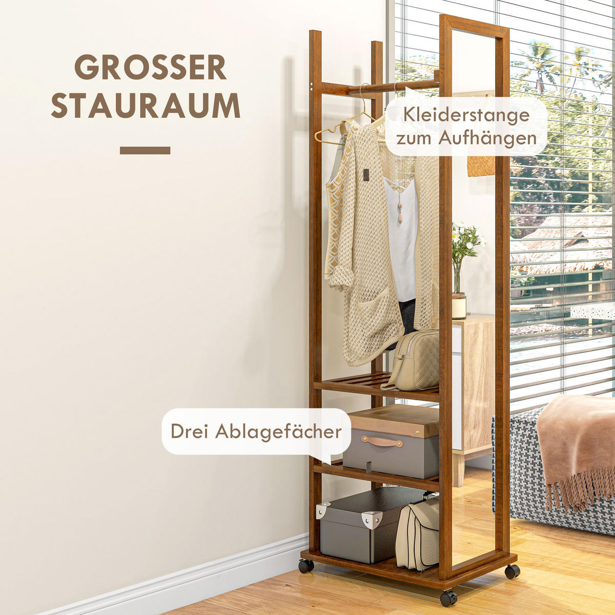STANDSPIEGEL mit Ständer, 24,8 x 153,8 cm, mit 3 Ebenen, Kleiderstang - Naturfarben, Glas (59.8/170/35.8cm) - HOMCOM