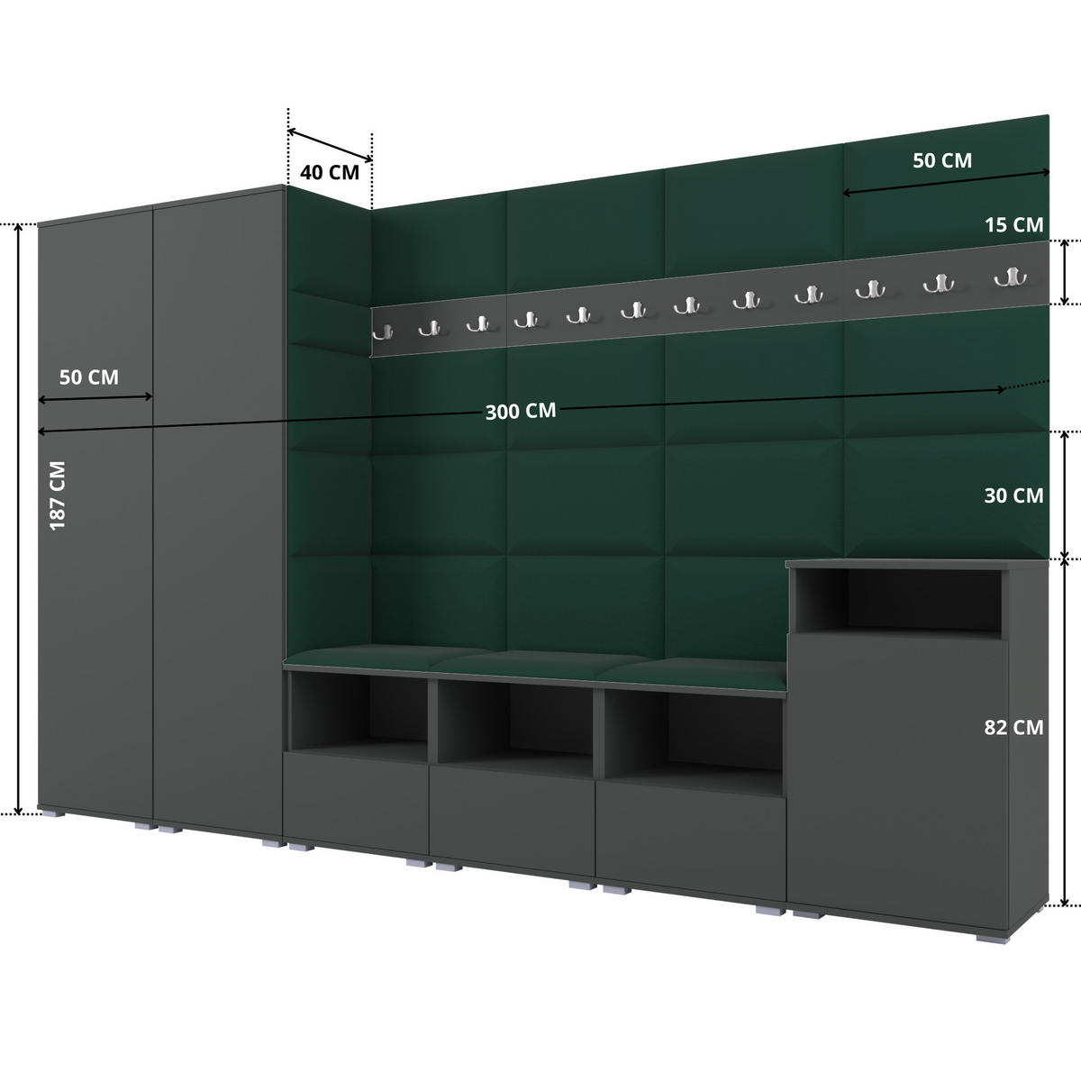 GARDEROBE NELA XII 300 cm (Modulare Flurmöbel Graphit mit Sitzpolster Flaschengrün 28 Gigantisches Set) - Dunkelgrün/Silberfarben, Holz/Holzwerkstoff (300/187/40cm) - Ravio