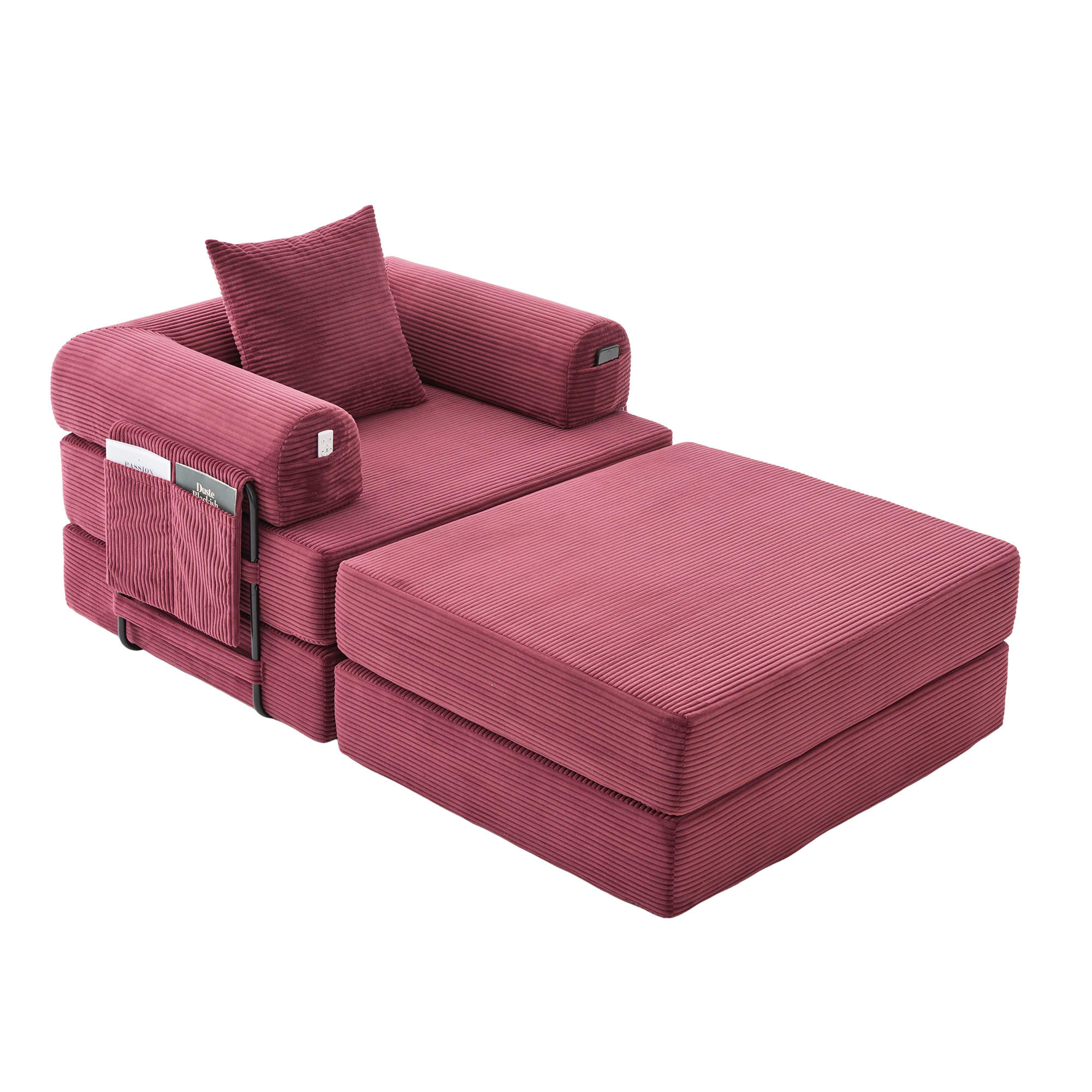 SOFA Cord Weinrot mit Kissen und Hocker - Weinrot, Textil/Metall (112/67/190cm) - WISHDOR