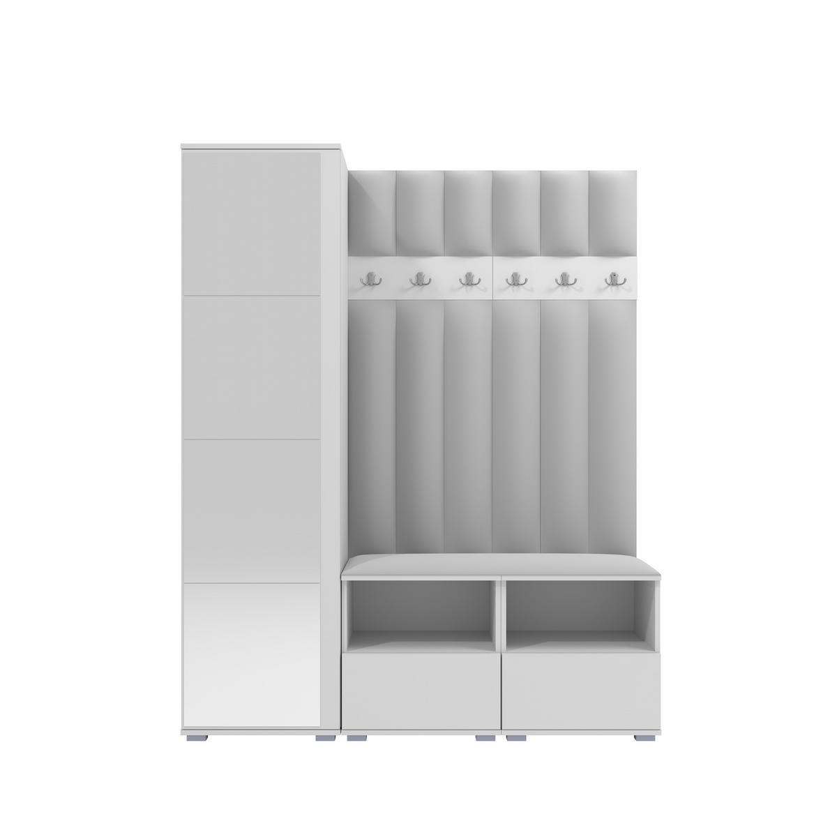 GEPOLSTERT Garderoben-Set Nela II LUX (Spiegel – Farbe Weiß + Stoff Trinity 32) - Silberfarben/Hellgrau, Holz/Holzwerkstoff (150/187/40cm) - Ravio