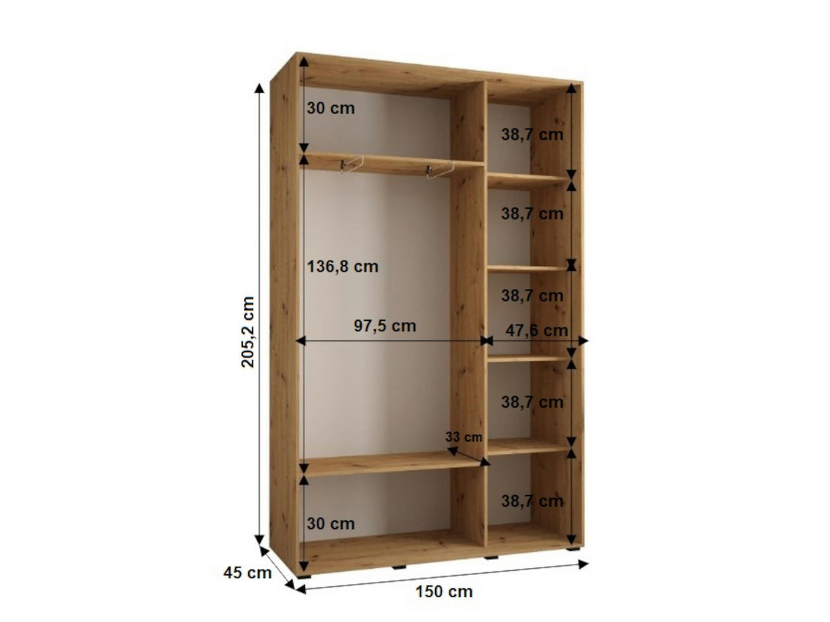 SCHWEBETÜRENSCHRANK 205,2/150/45 3-türig - Schwarz/Weiß, Holz/Metall (150/205.2/45cm) - Abiks Möbel