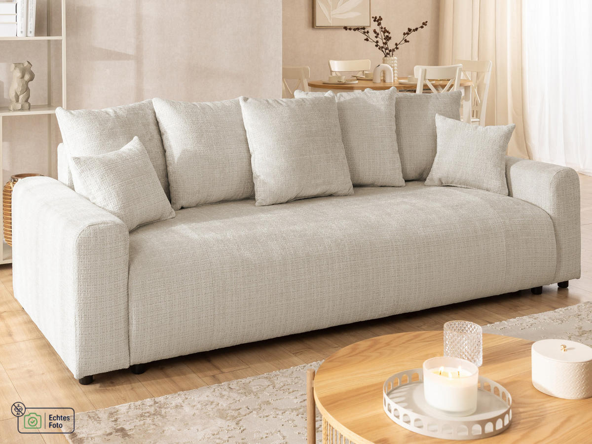 SCHLAFSOFA Calma mit Bettkasten im Bumpy-Design aus weichem Beige Chenille-Stoff - Beige/Schwarz, Holz/Kunststoff (239/88/98cm) - S-Style Möbel