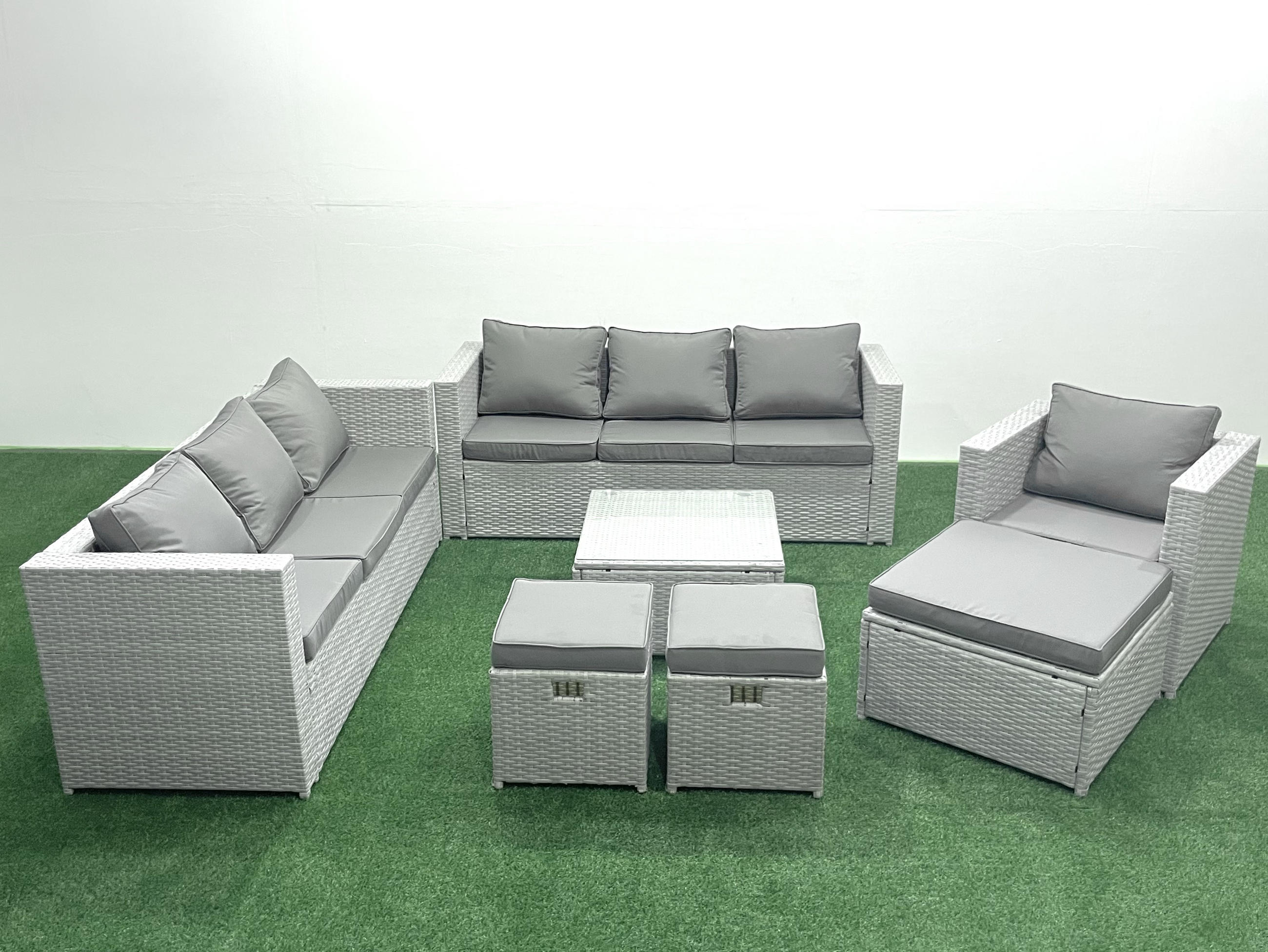 GARTENMÖBEL-SET mit Kissen Polyrattan Hellgrau-Mix 10-Sitzer - Hellgrau/Grau, Glas/Kunststoff - Fimous