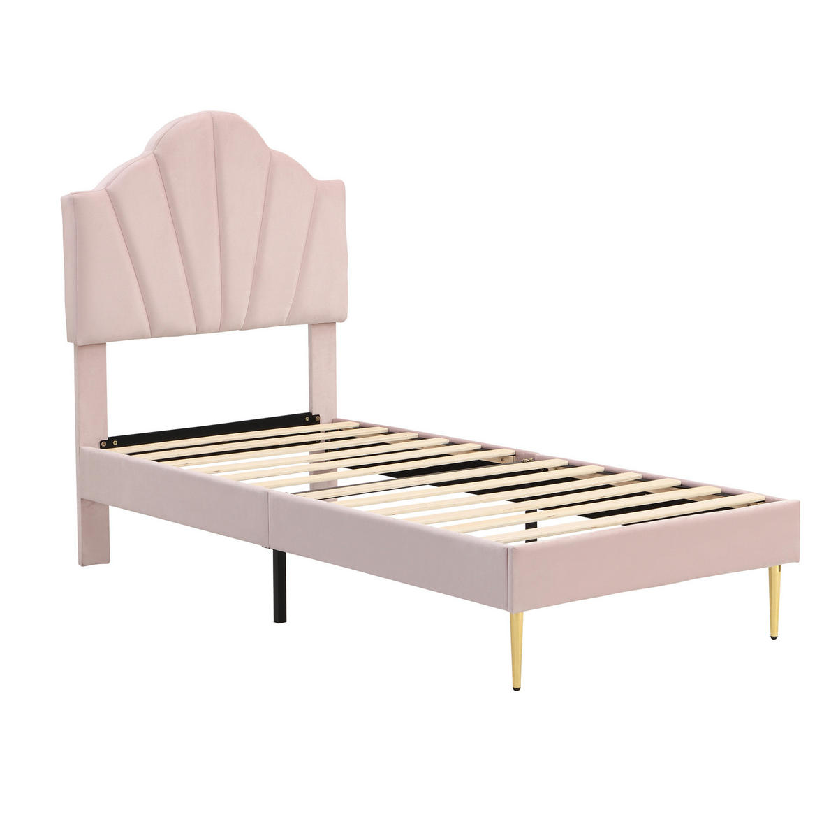 POLSTERBETT 90/200 cm Rosa mit muschelartigem Kopfteil und goldenen Eisenbeinen - Rosa, Textil (90/200cm) - OKWISH