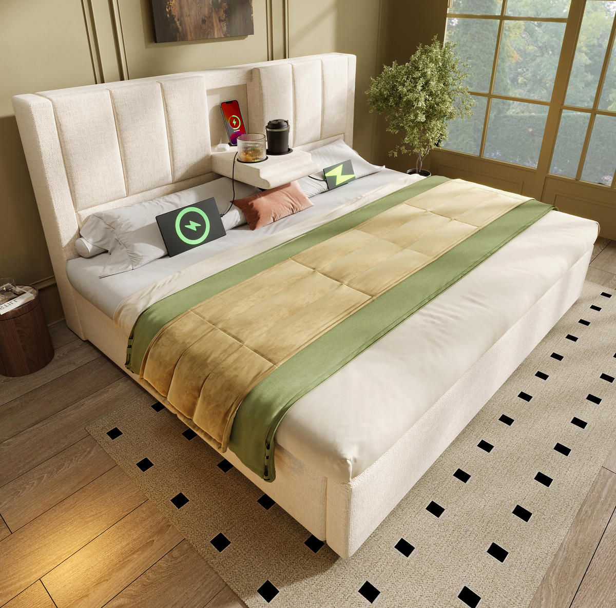 POLSTERBETT 180/200 cm aus Leinen mit Stauraum und Ladestation Beige - Beige, Textil (180/200cm) - Modenvie