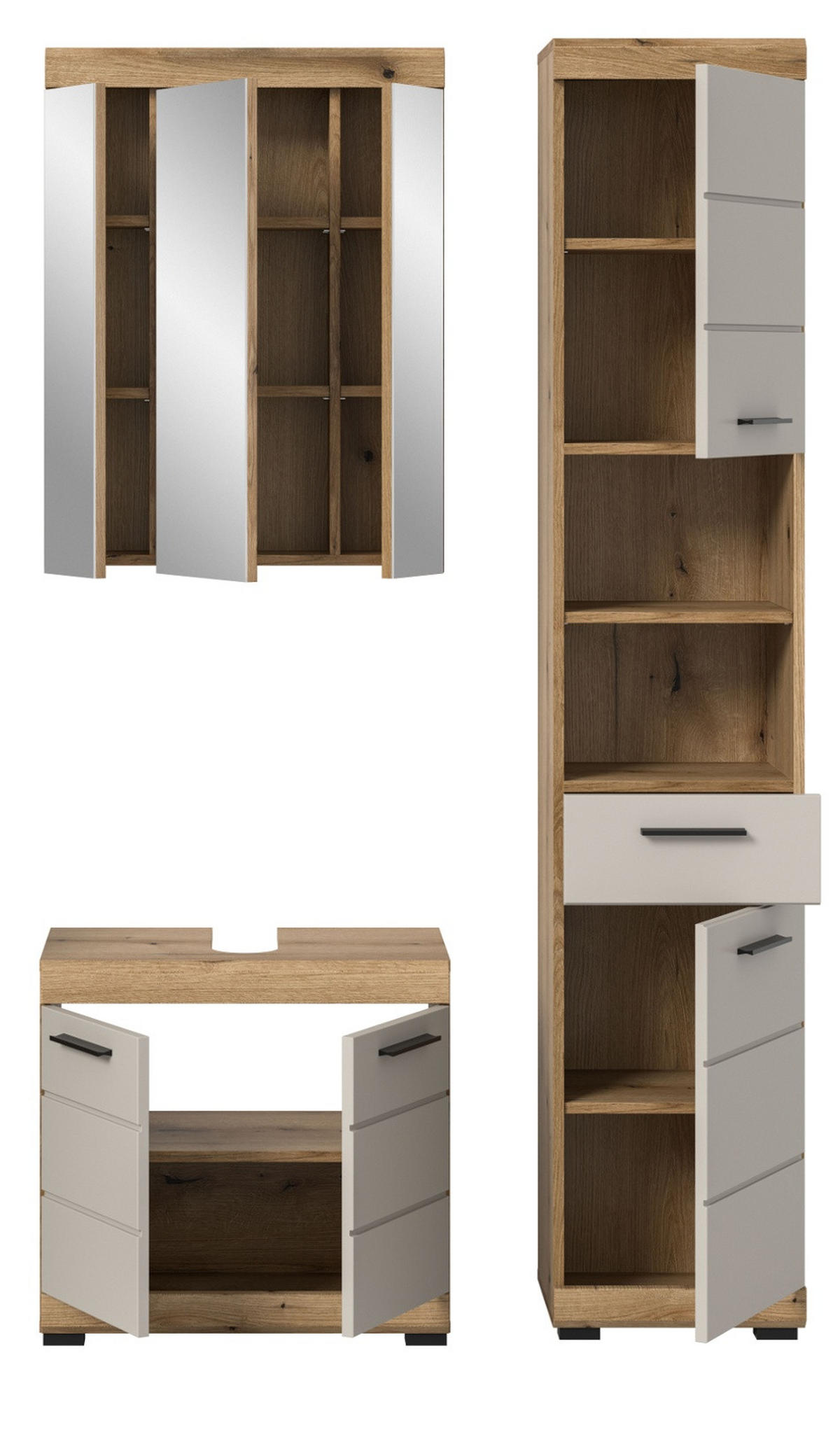 BADMÖBEL Set 3-teilig in Sand Kashmir und Evoke Eiche Badkombination 112 x 191 cm Shawn - Kaschmir/Eichefarben, Glas/Holzwerkstoff (112/191/34cm) - Inn.Furn