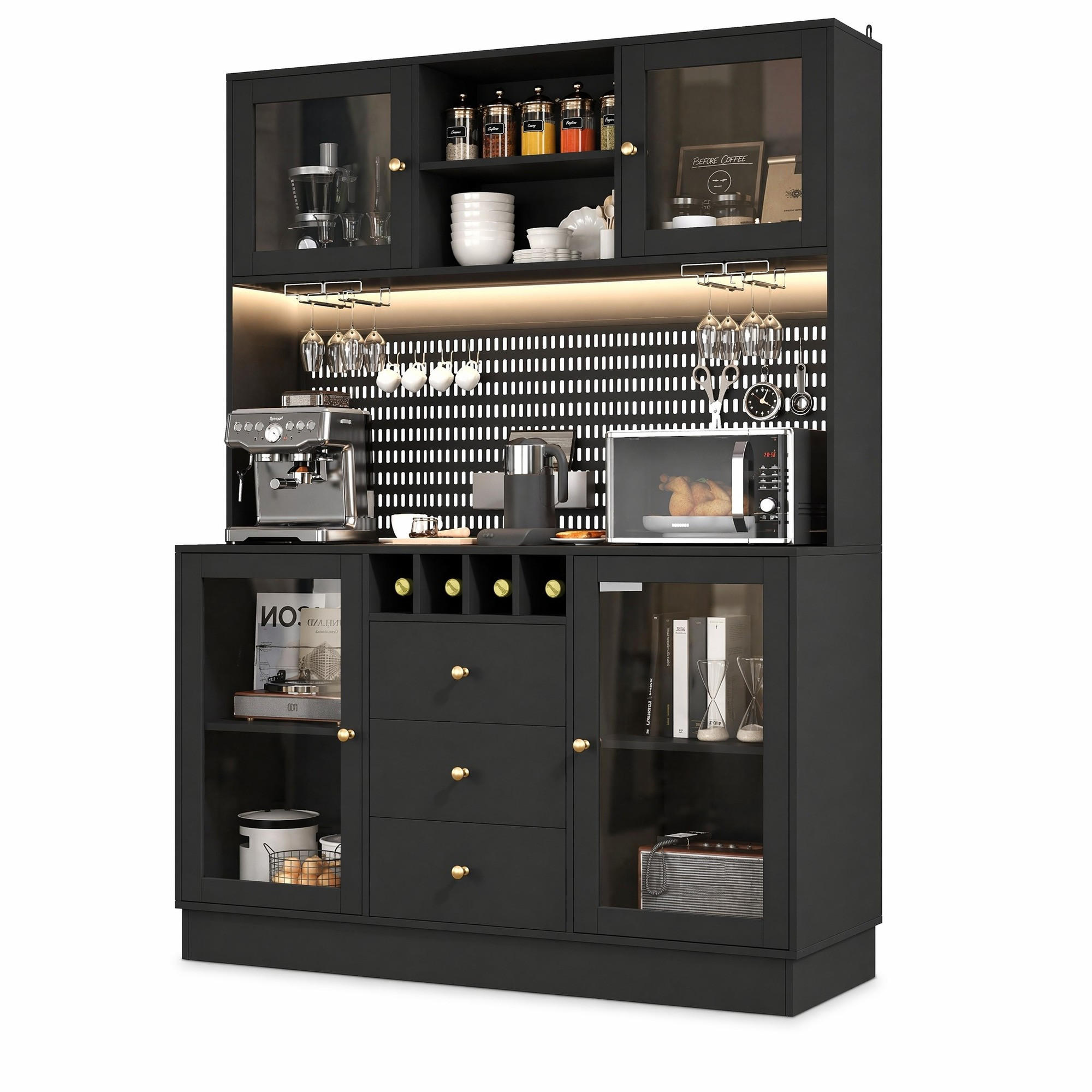 KÜCHENSCHRANK in Schwarz mit LED-Lichtleiste und Schubladen für Küche und Wohnzimmer, B140/T40/H185.7 cm - Transparent/Schwarz, Glas/Holzwerkstoff (140/185.7/40cm) - STILVORA