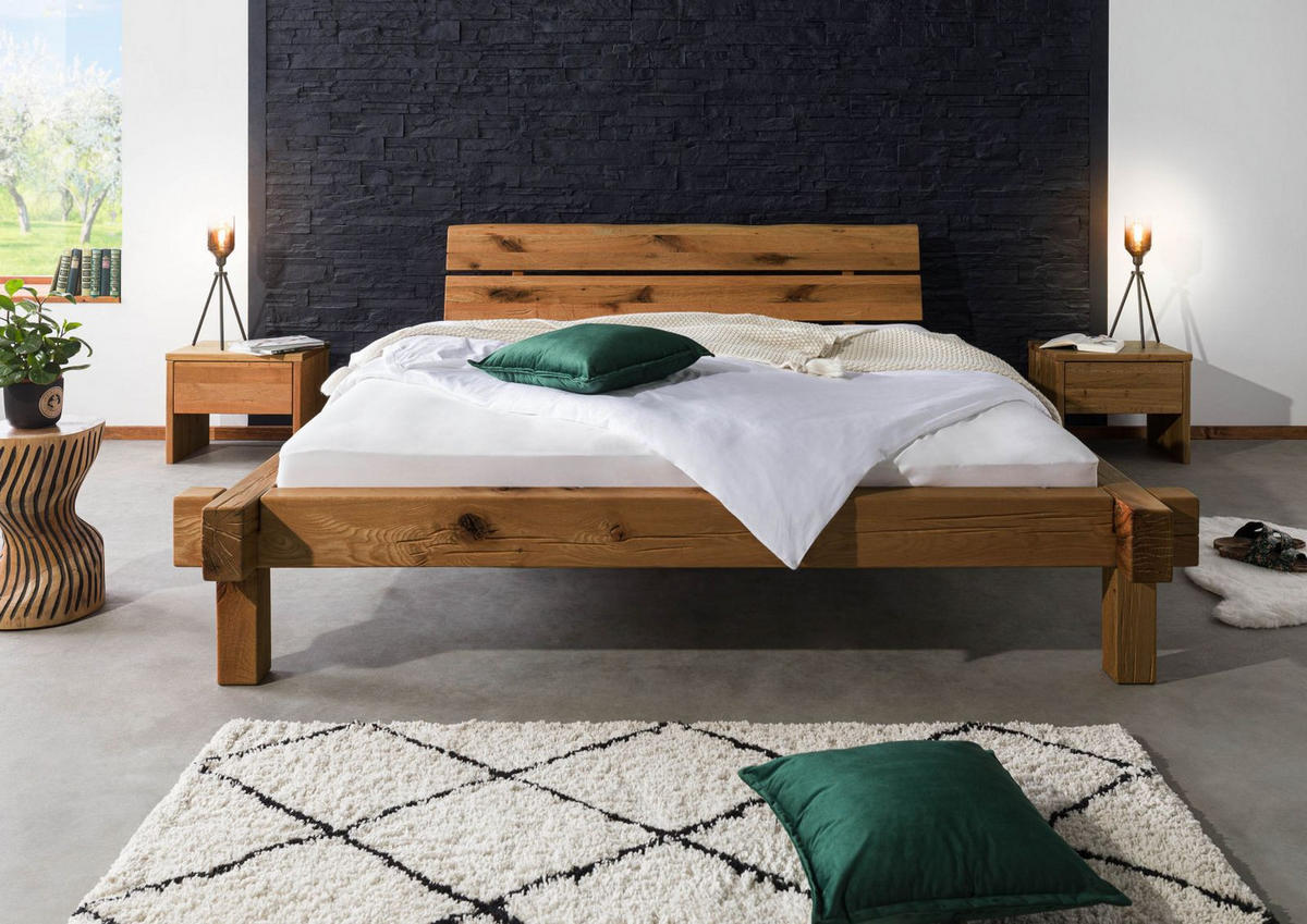 BALKENBETT Zerreiche 180x200 tabacco geölt JANGALI #322 - Braun, Holz (180/200cm) - Massivmoebel24
