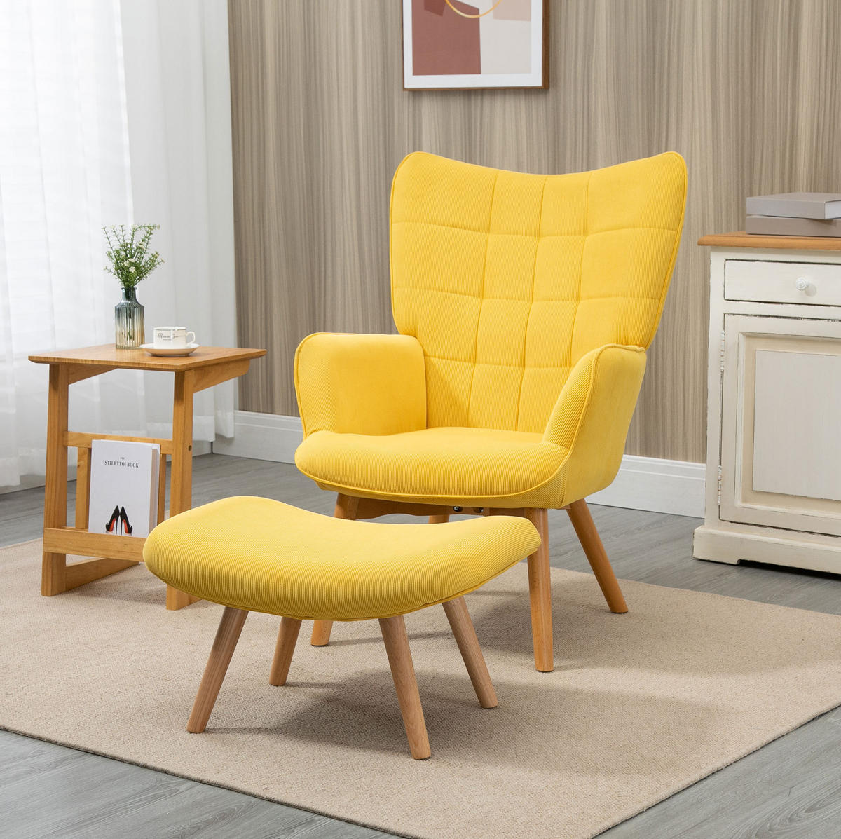 OHRENSESSEL 72/80/101 cm in Gelb mit Hocker und Buchenholzbeinen - Gelb, Textil (72/101/80cm) - Flora Grace