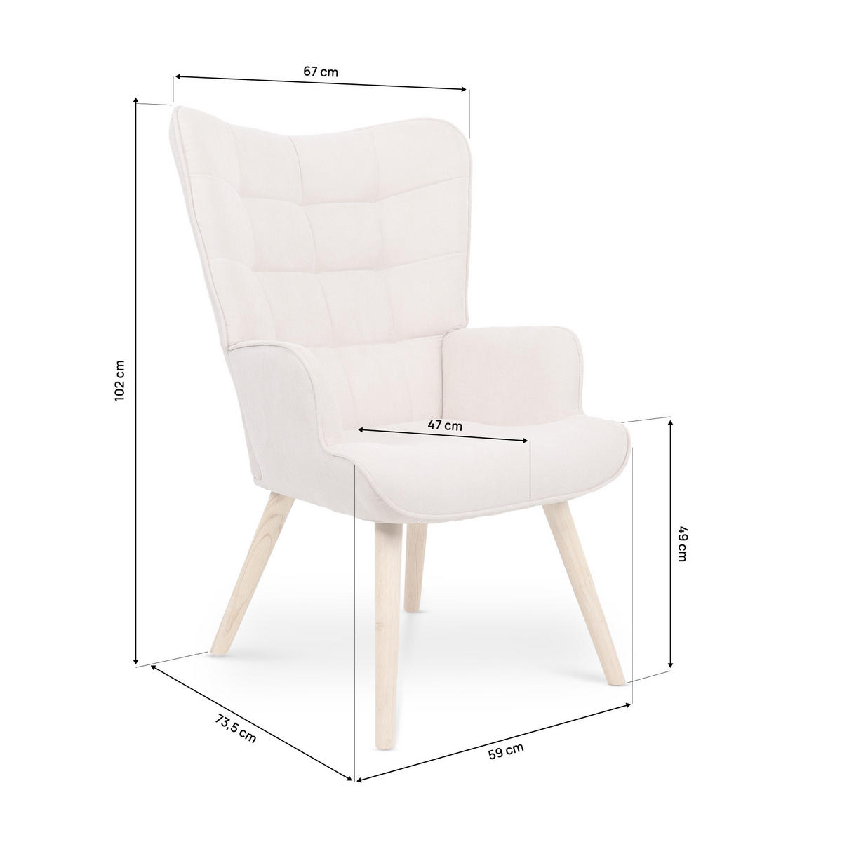 SESSEL Stella Skandinavischer aus beigem Stoff mit Nähten - Beige/Creme, Holz/Holzwerkstoff (67/102/73.5cm) - Sicaan