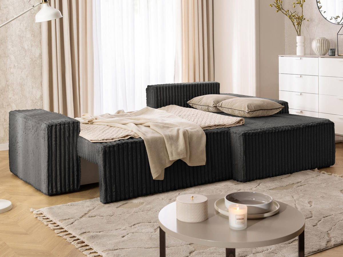 ECKSOFA Rivio mit Schlaffunktion und Bettkasten, Plüschcord Dunkelgrau - Dunkelgrau/Schwarz, Holz/Kunststoff (262/149cm) - S-Style
