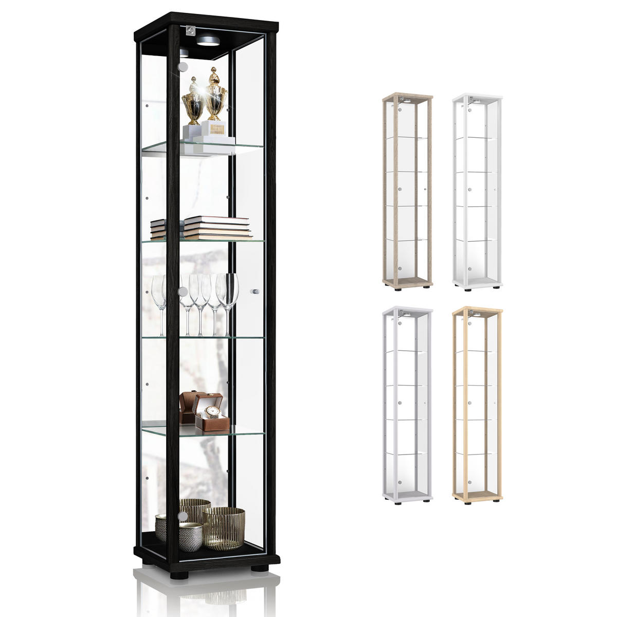 GLASVITRINE 33/37/176 cm mit Spiegel, LED, Schloss & 4 höhenverstellbaren Glasböden - Transparent/Silberfarben, Glas/Holzwerkstoff (37/176/33cm) - K-Möbel