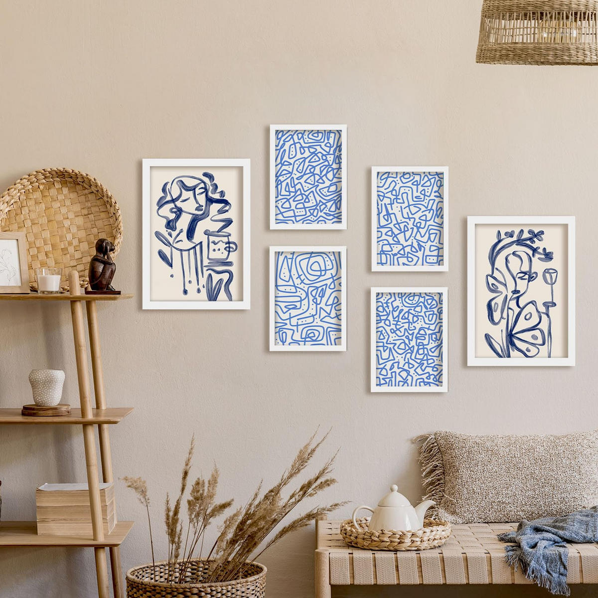 POSTER Set Mit 6 Junge Im Rahmen In Weibliche Zusammenfassung Ästhetische Dekorative Gemälde Für Ihr Wohnzimmer Zuhause A3 & A4 Weißer Rahmen - Weiß, Papier (29/3cm) - Nacnic