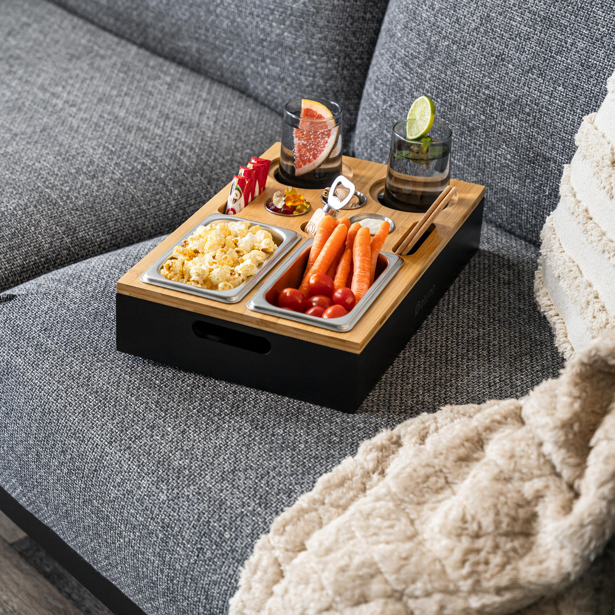 COUCHBAR mit abnehmbarem Deckel, Bambus, schwarz - Anthrazit, Holz (27.5/8/40cm) - eluno