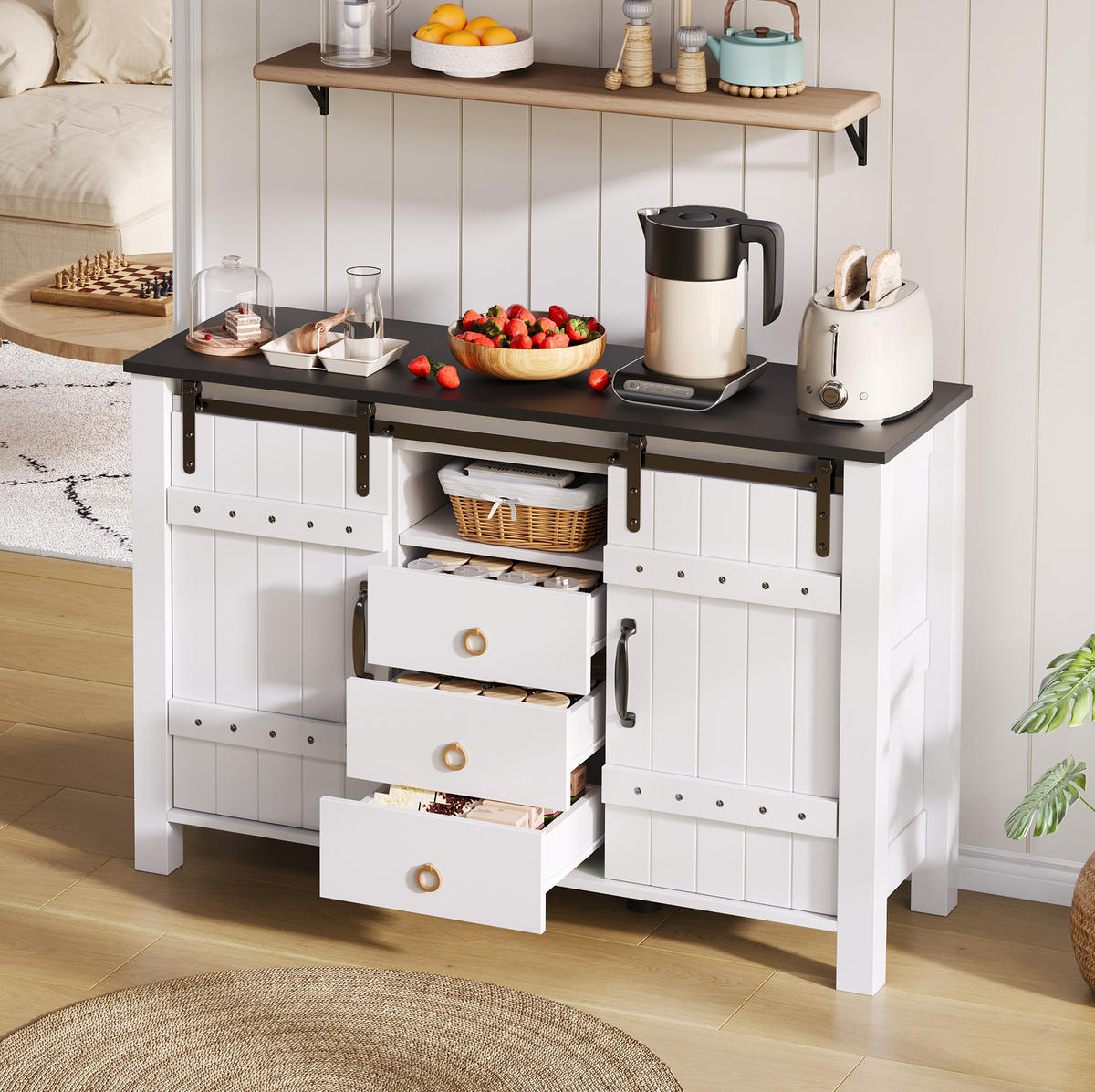 SIDEBOARD mit Schiebetüren und 3 Schubladen 120 cm MDF Weiß - Weiß, Holzwerkstoff (120/80/40cm) - Meubliv