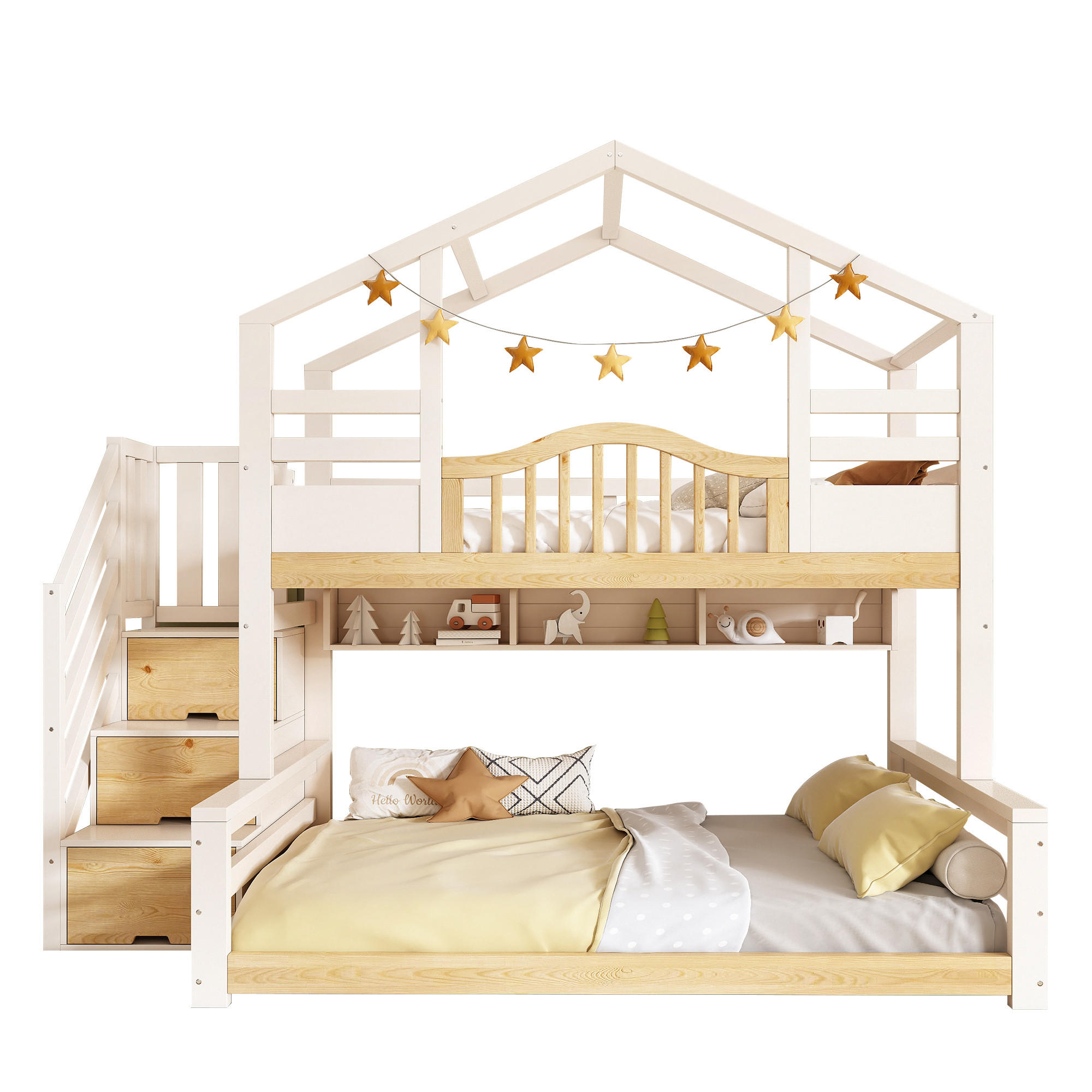 ETAGENBETT 90x200/140x200 cm Weiß Eiche mit Stauraum - Weiß/Naturfarben, Holz (140/200cm) - FLIEKS