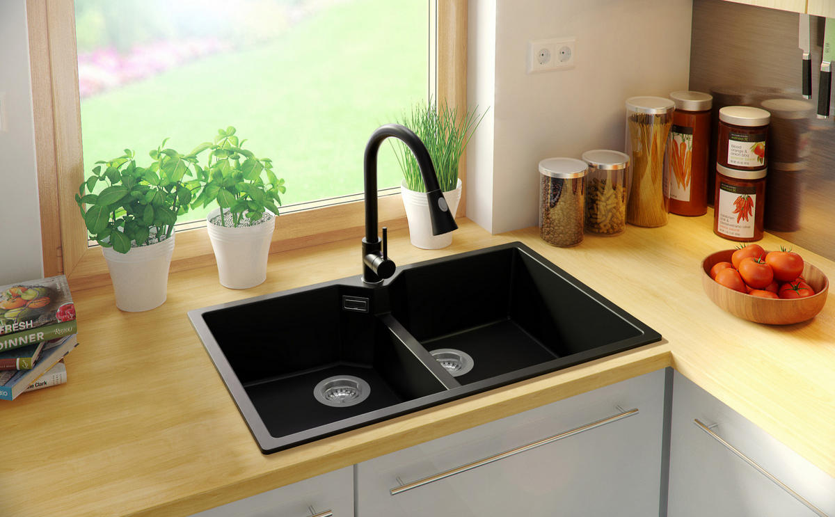 SPÜLBECKEN Madrid Twin, 2-er set Alles Schwarz 78/50 cm 2 Becken + Ablauf-Set ab 80er Unterschrank - Schwarz, Kunststoff (78/19/50cm) - Primagran