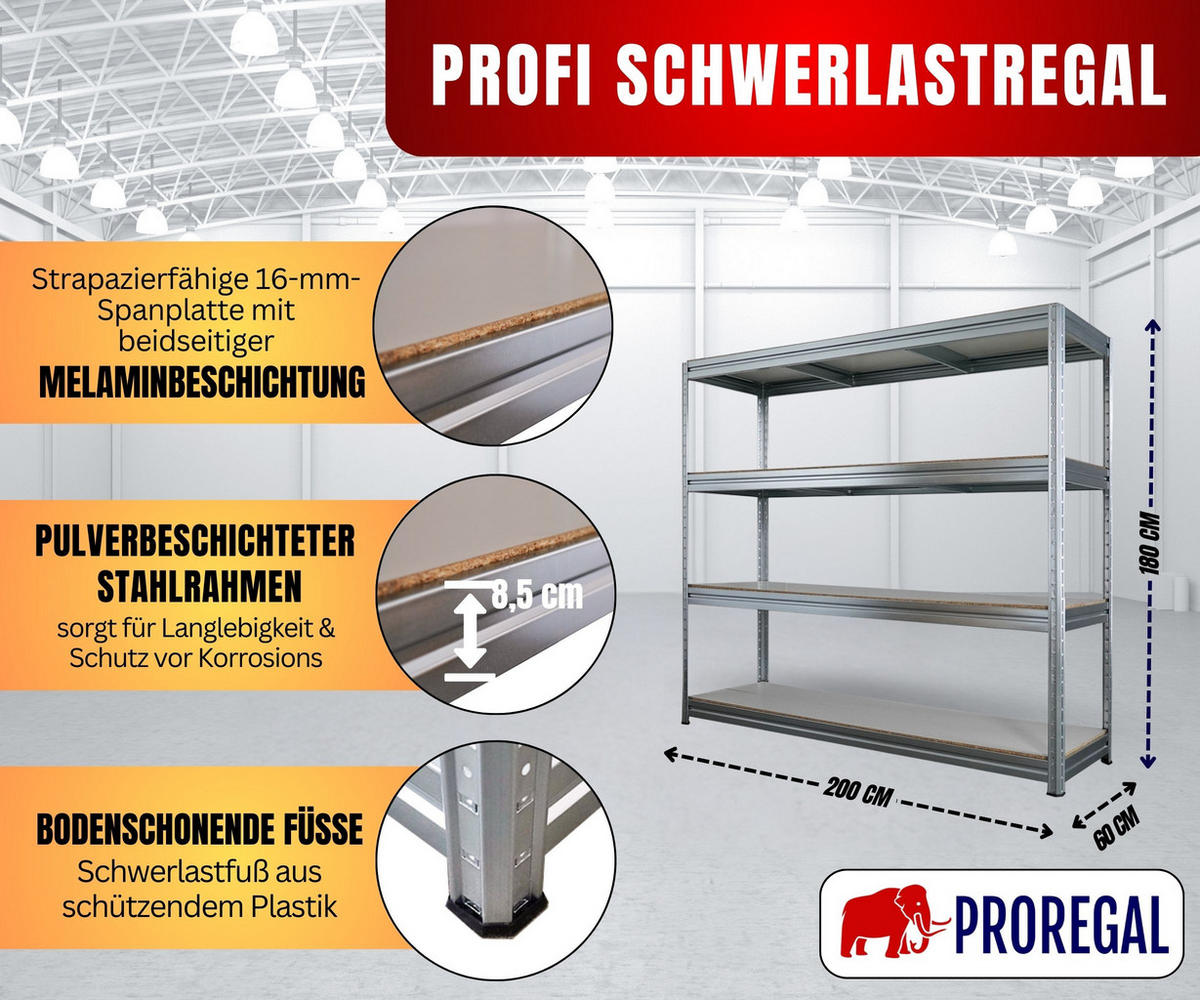 SCHWERLASTREGAL Dino 180x200x60cm Melamin-Ebenen Verzinkt - Silberfarben, Metall (200/180/60cm) - PROREGAL