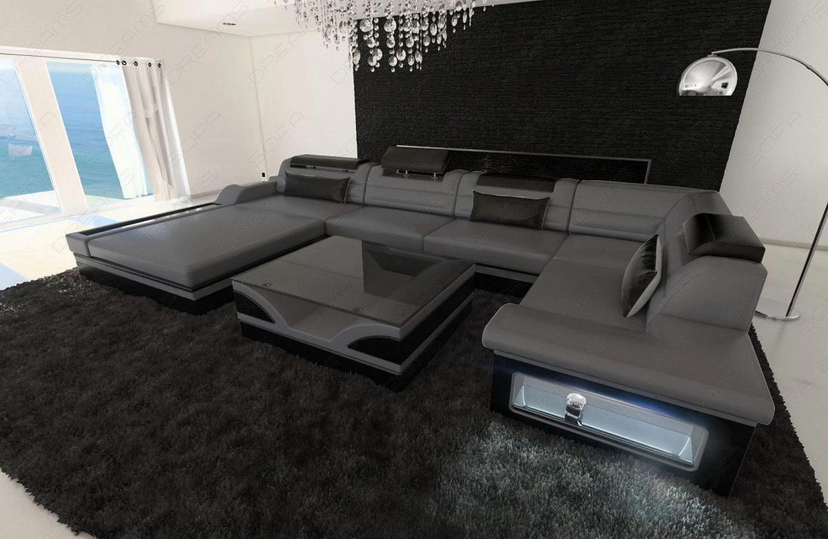 SOFA Mezzo U Grau Schwarz Kunstleder - Grau, Textil (372/78/214cm)