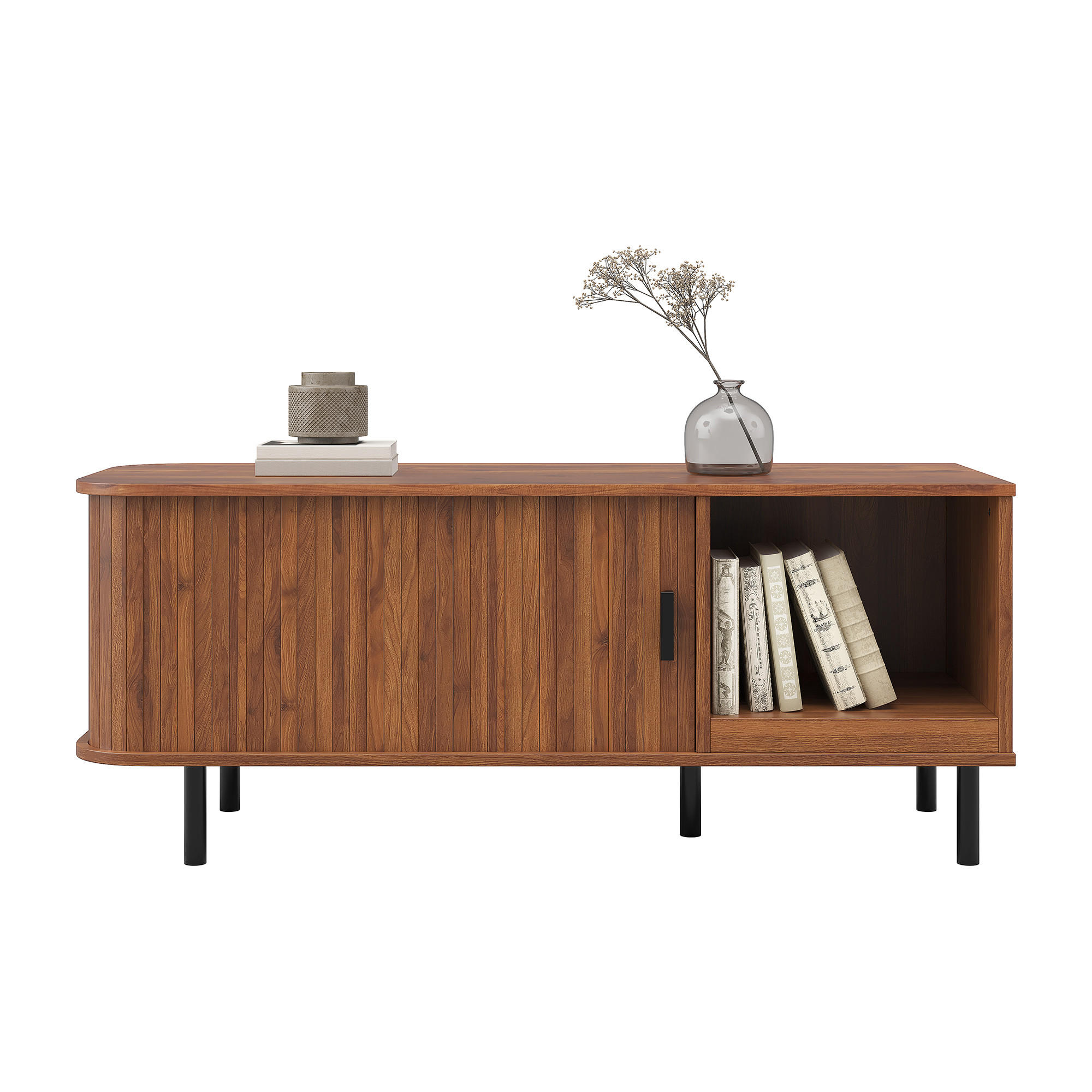 COUCHTISCH mit Schiebetür, Lamellenoptik und Stauraum - Walnussfarben, Holzwerkstoff (40/110/55cm) - FLIEKS