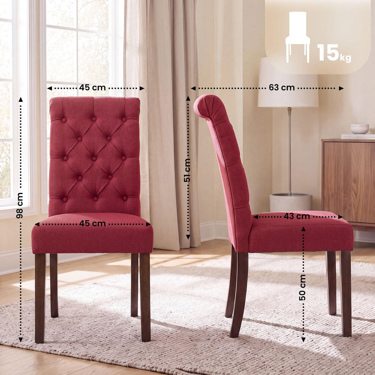 STUHL 2er Set Stoff rot - Rot/Walnussfarben, Holz/Textil (45/98/63cm) - CLP