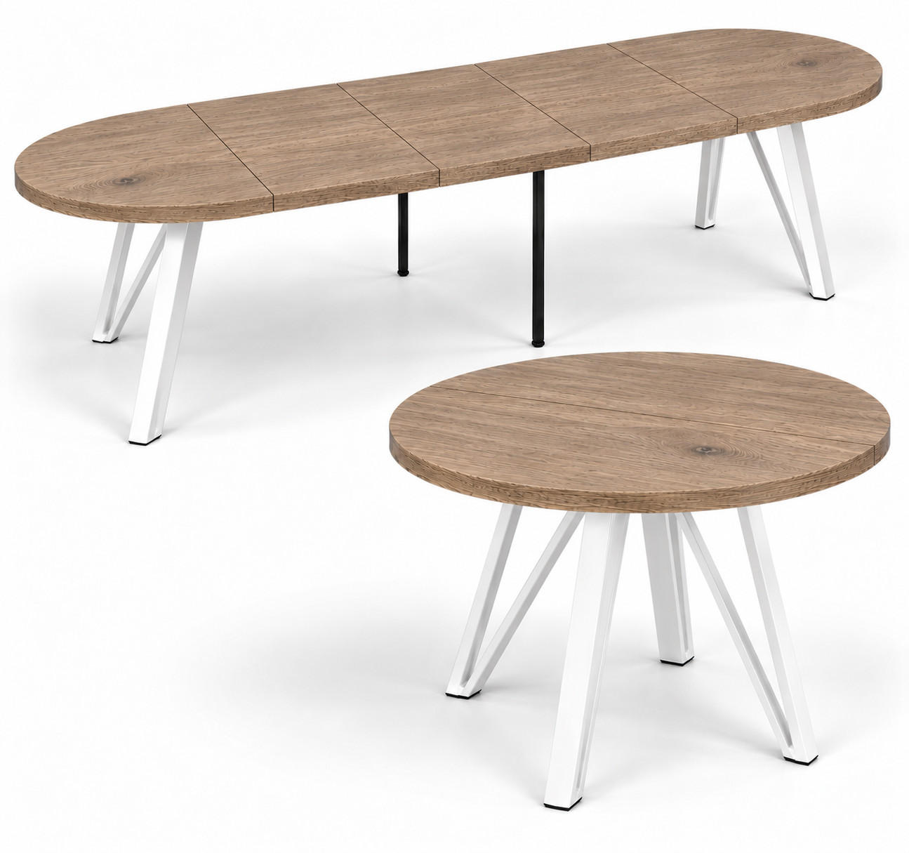 ESSTISCH rund ausziehbar 110/310/76 cm, Graubraun Eiche Halifax Egger, 54 cm Tischplatte + Industrial Metallgestell Weiß - Eichefarben/Graubraun, Holzwerkstoff/Metall (110/310/76cm) - Damale Möbel