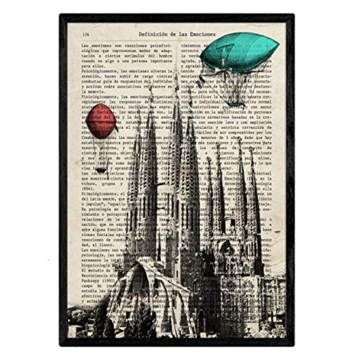 POSTER Set mit 4 Enzyklopädie Jahrgang London, Barcelona, Moskothek, Paris A4 Schwarzer Rahmen - Schwarz, Papier (29.7/3cm) - Nacnic