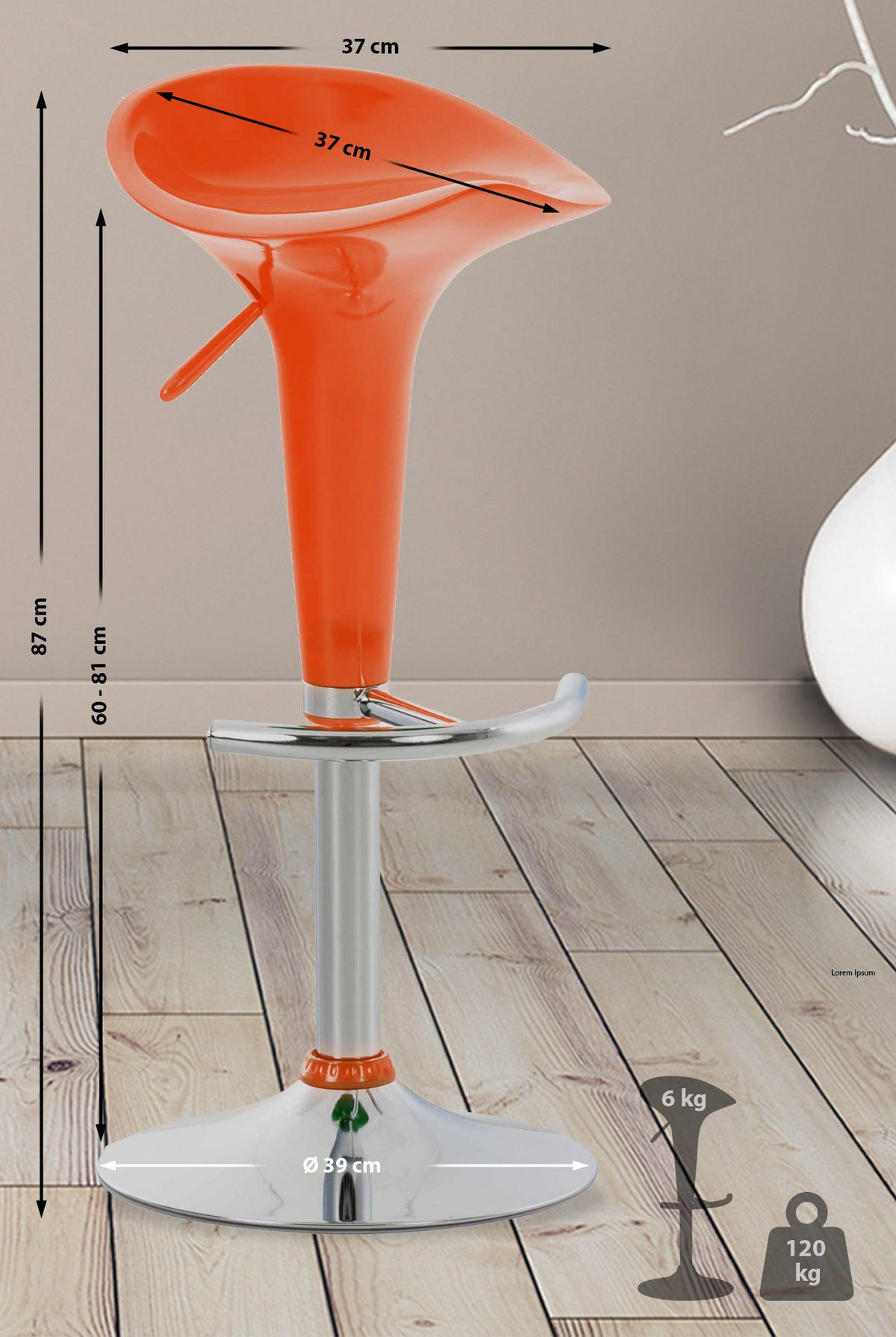 BARHOCKER Kunststoff Orange - Chromfarben/Orange, Kunststoff/Metall (37/87/37cm) - CLP