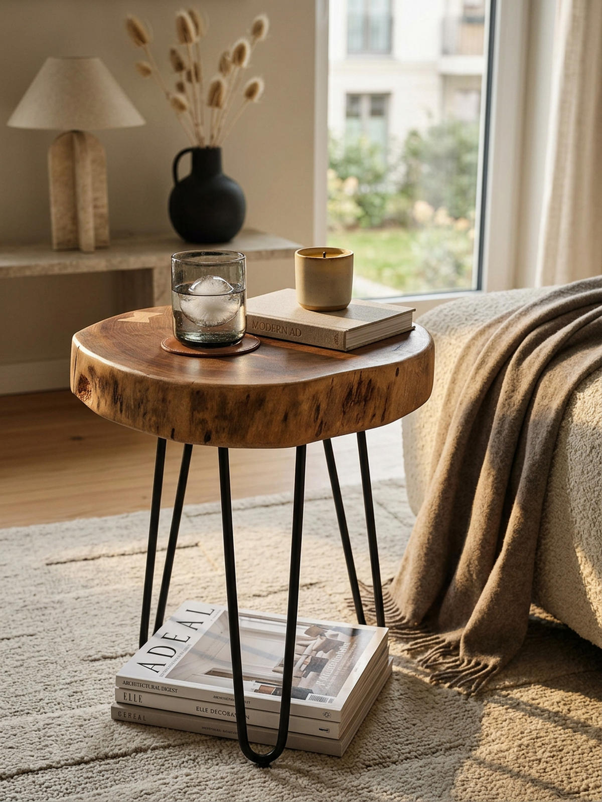 BEISTELLTISCH Massivholz Metallbeine Baumstammoptik BALU, Beige 35x35x45 cm - Beige/Schwarz, Holz/Metall (35/35/45cm) - KADIMA DESIGN