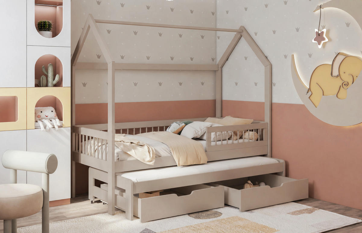 KINDERBETT 80x180 cm kaschmir ASHER II Hausbett aus Massivholz mit Rausfallschutz, Gästebett, 2 Schubladen und 2 Matratzen - Beige, Holz (80/180cm)